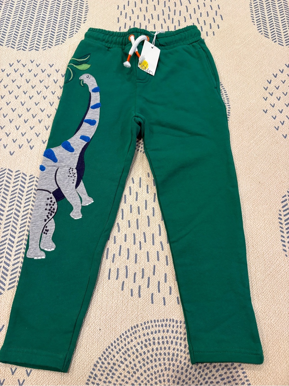 Mini Boden Emerald Green Sweatpants with Dino Appliqué
